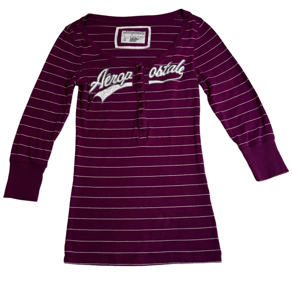 Aeropostale Burgundy Striped 3/4 Sleeve Shirt Size Large Henley Button Front - Picture 3 of 10